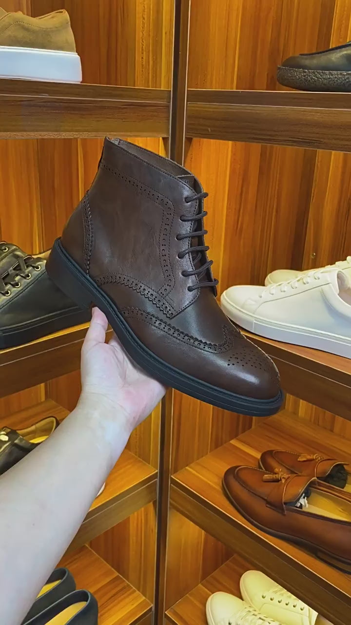 Burnished Wingtip Brogue Leather Back-Zip Boots for Men
