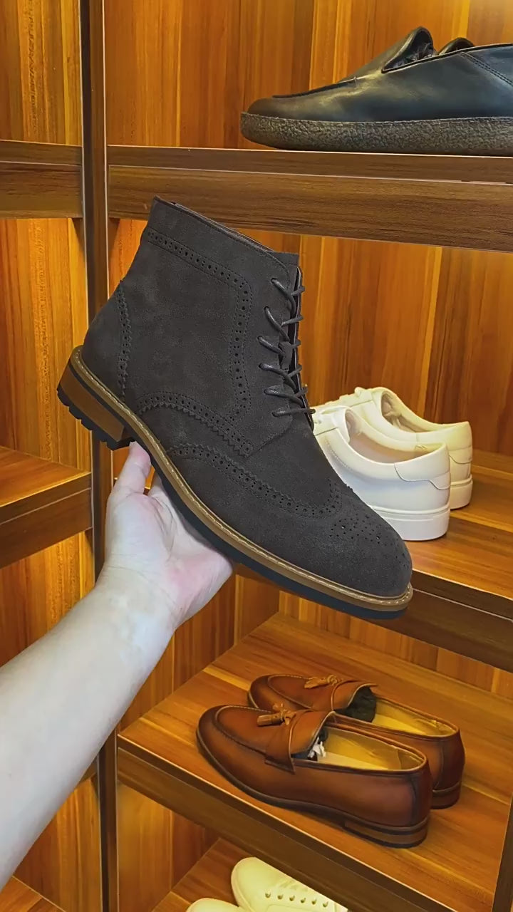 Wingtip Brogue Suede Back-Zip Lace-Up Boots for Men