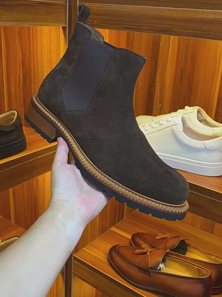 Round Plain Toe Suede Contrast-Welt Chelsea Boots for Men