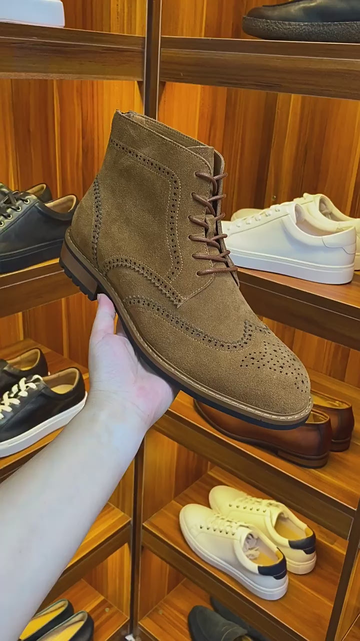 Wingtip Brogue Suede Back-Zip Lace-Up Boots for Men