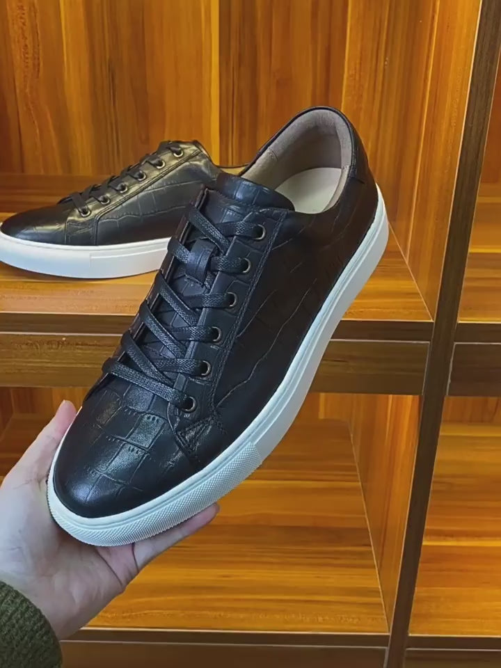 Men's Croc-Embossed Genuine Leather Sneakers - Luxury Casual Low Tops