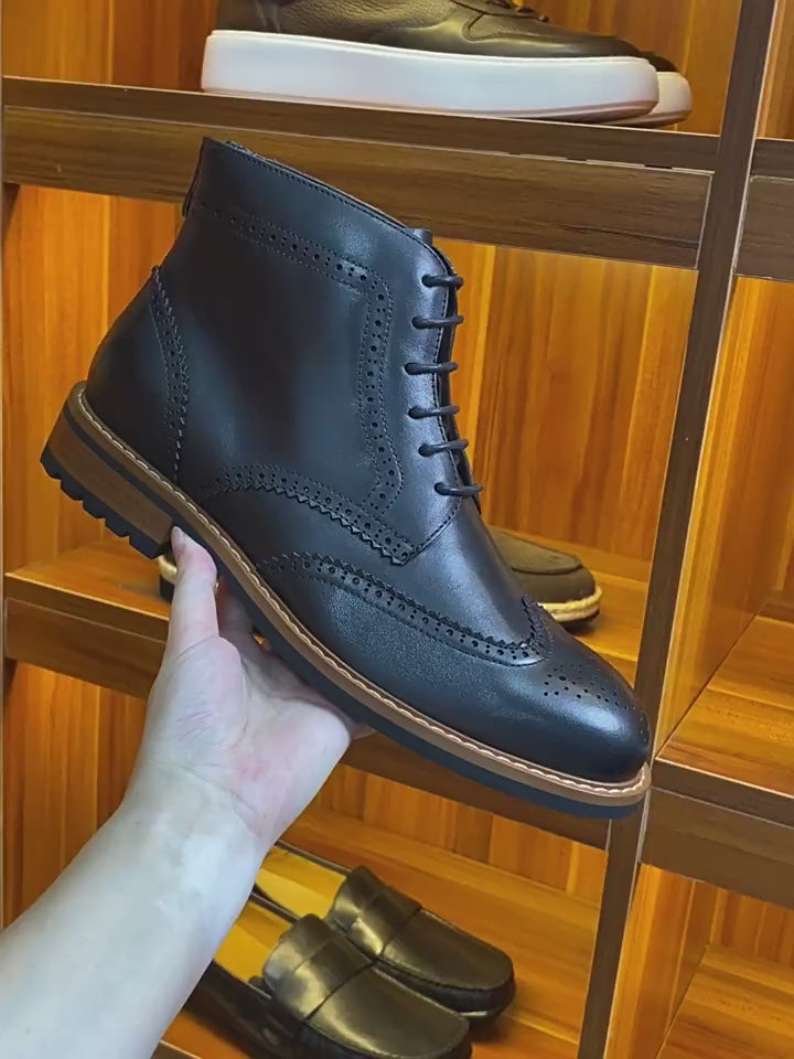 Men's Leather Wingtip Brogue Back-Zip Ankle Dress Boots
