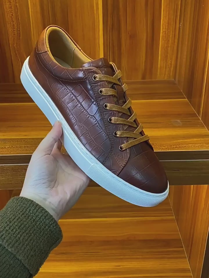 Men's Croc-Embossed Genuine Leather Sneakers - Luxury Casual Low Tops