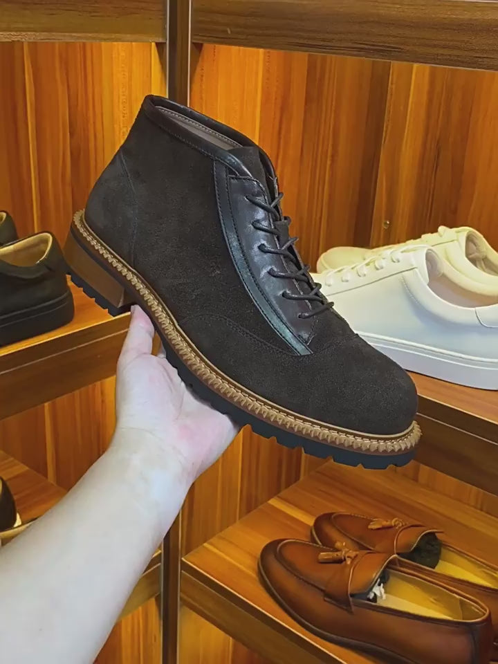 Men's Suede Leather-Trim Lug Sole Lace-Up Ankle Boots