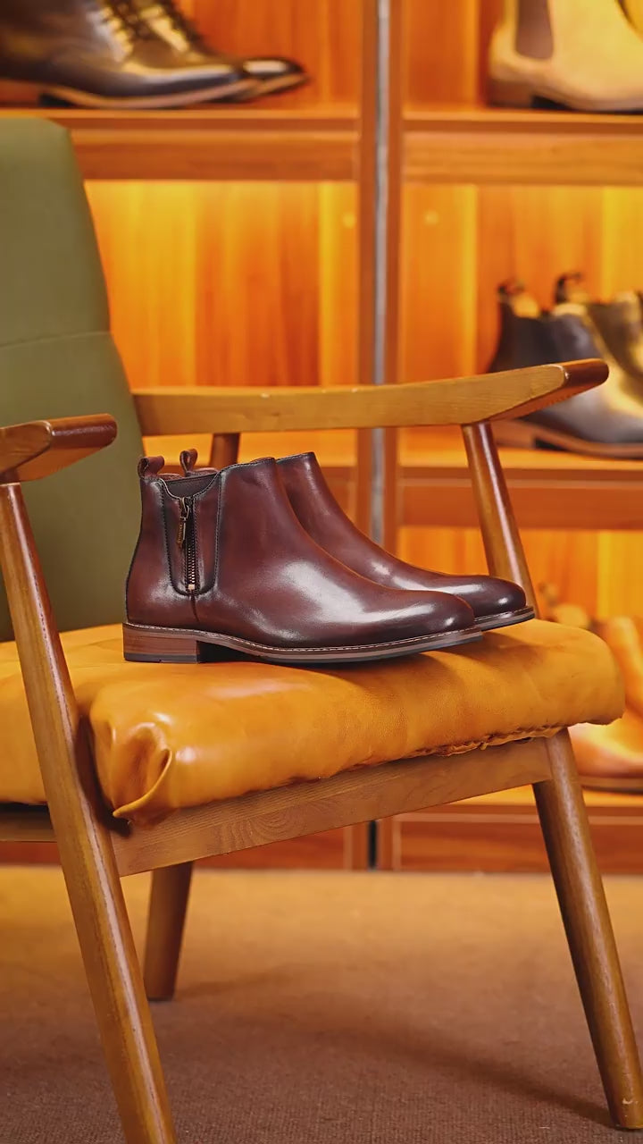 Plain Toe Burnished Leather Side-Zip Boots for Men