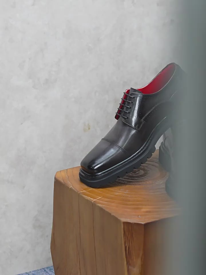 Men's Chunky Lug Sole Cap Toe Square Chisel Leather Derbies