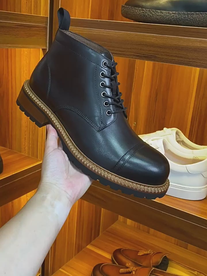 Cap Toe Leather Contrast-Welt Lace-Up Boots for Men