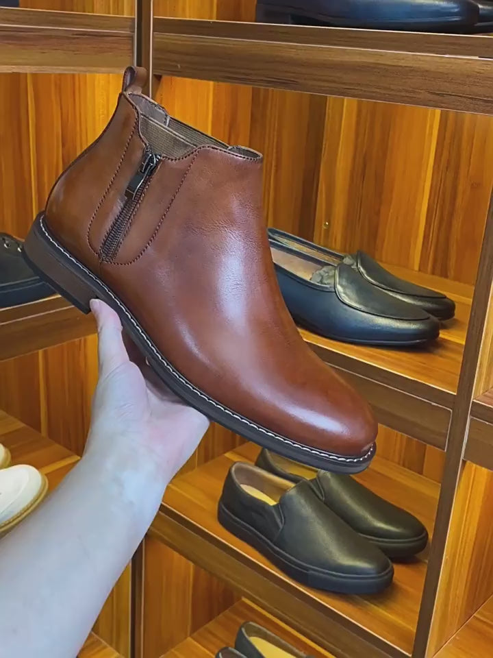 Men's Leather Plain Toe Side-Zip Chelsea Dress Boots