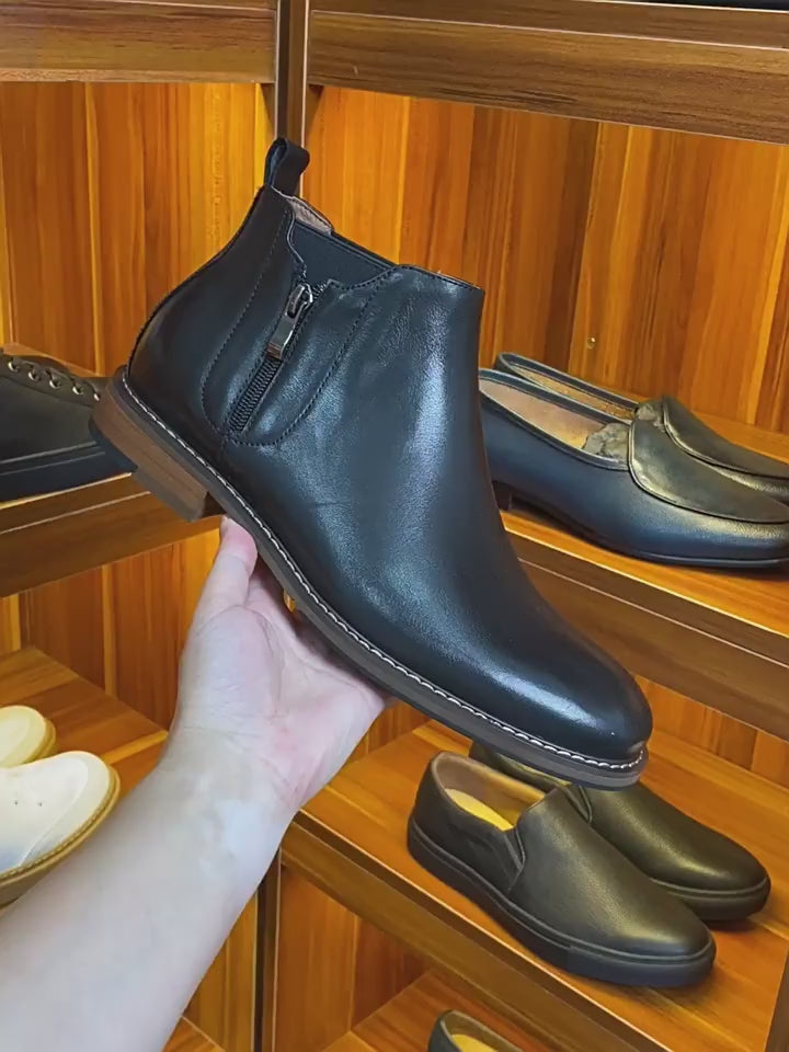 Men's Leather Plain Toe Side-Zip Chelsea Dress Boots
