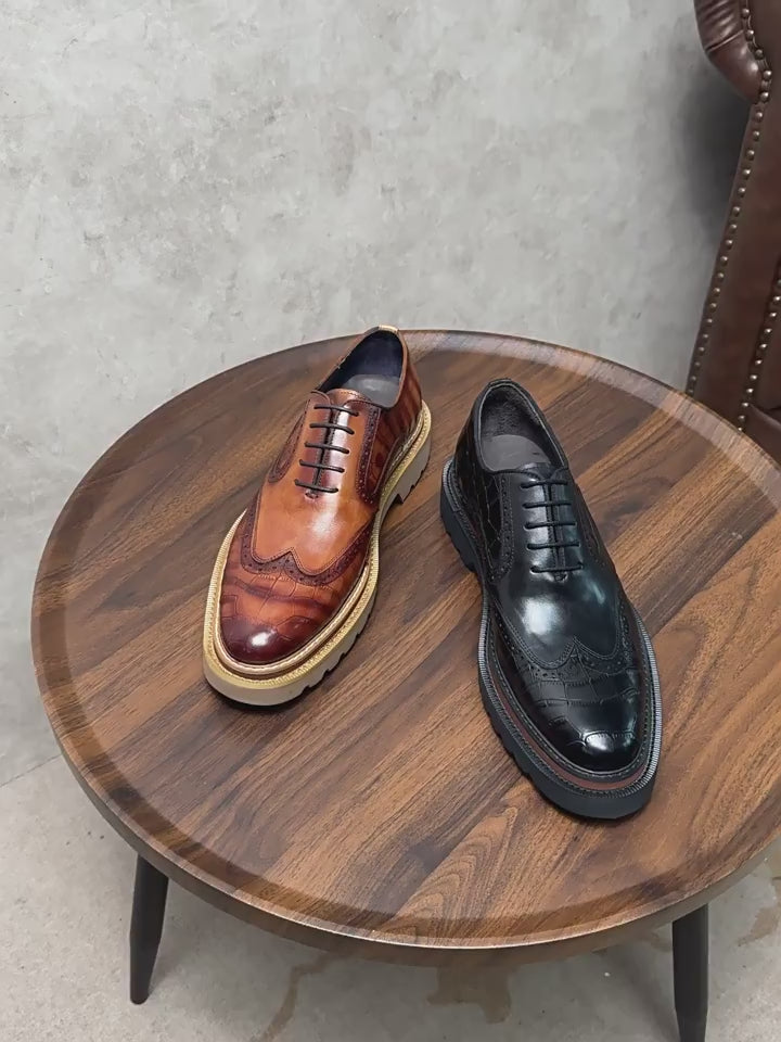Men's Croc Leather Wingtip Chunky Lug Sole Oxford Shoes