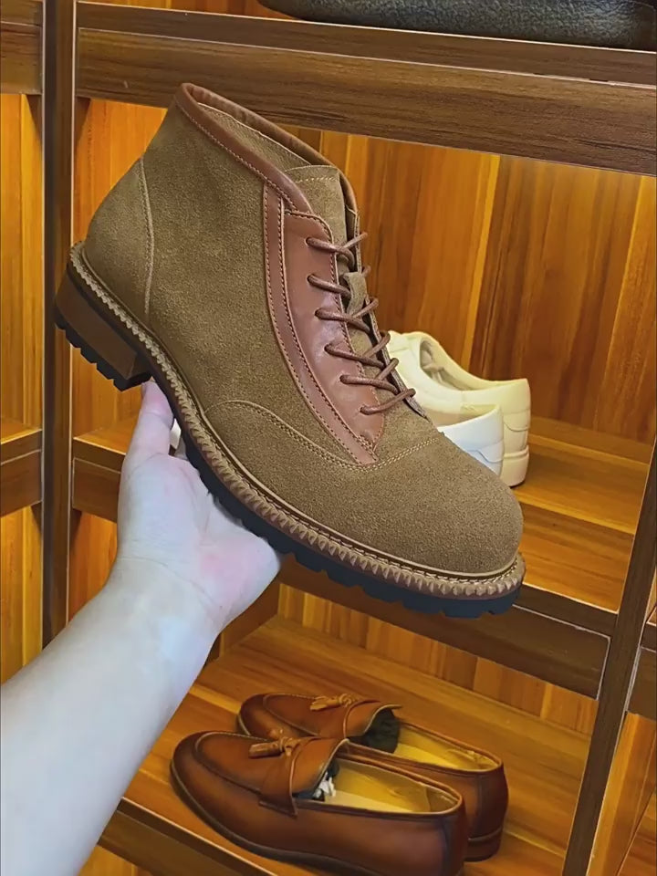 Men's Suede Leather-Trim Lug Sole Lace-Up Ankle Boots