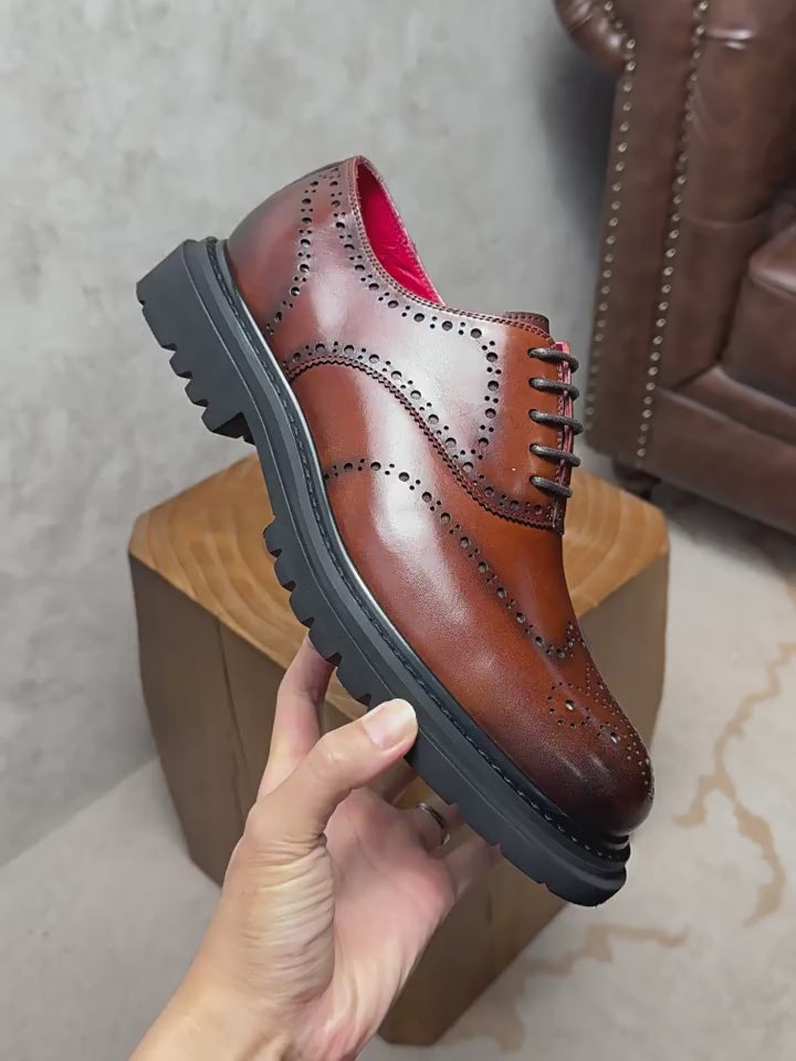 Men's Medallion Wingtip Chunky Lug Sole Leather Oxford Shoes