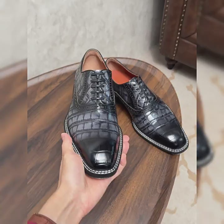 Men's Burnished Croc Embossed Leather Oxford Shoes