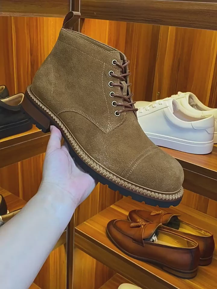 Cap Toe Suede Contrast-Welt Lace-Up Boots for Men
