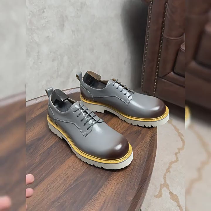 Men's Chunky Lug Sole Plain Toe Leather Derby Shoes