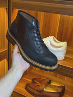 Men's Leather Textured Cap Toe Lug Sole Lace-Up Boots