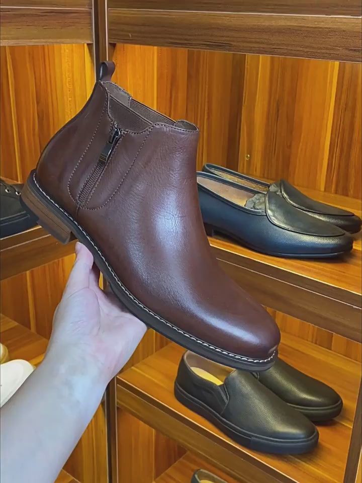 Round Plain Toe Leather Side-Zip Ankle Boots for Men