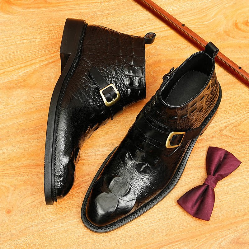Men's Midnight Black Crocodile Pattern Leather Dress Boots with Side Zipper