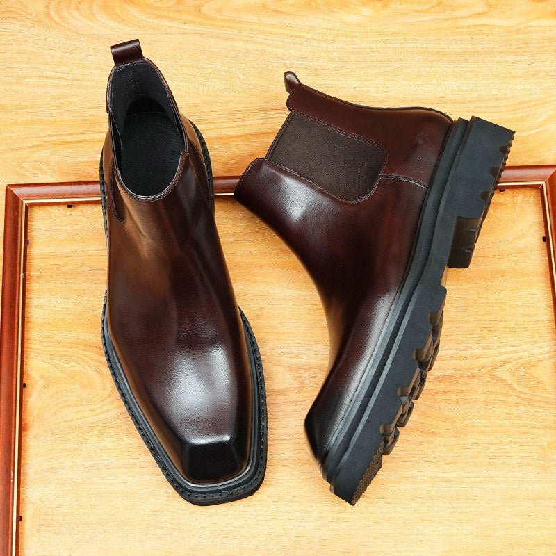 Deep Espresso Brown Leather Chelsea Boots showing Thick Sole Elevation and Pull-Tab