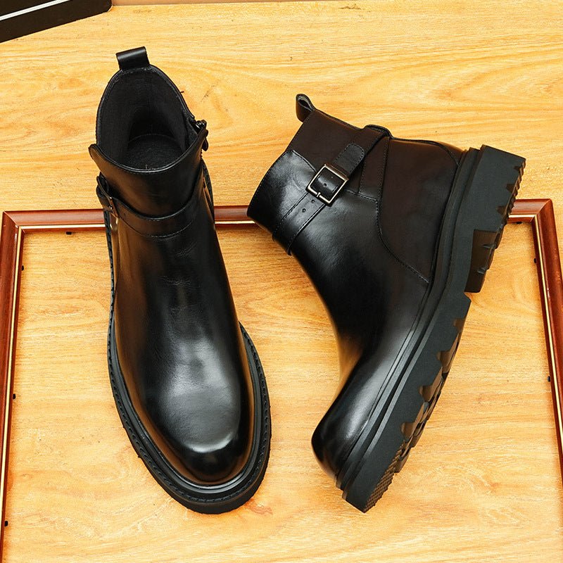 Black Men's Side-Zip Genuine Leather Dress Boots with Decorative Buckle