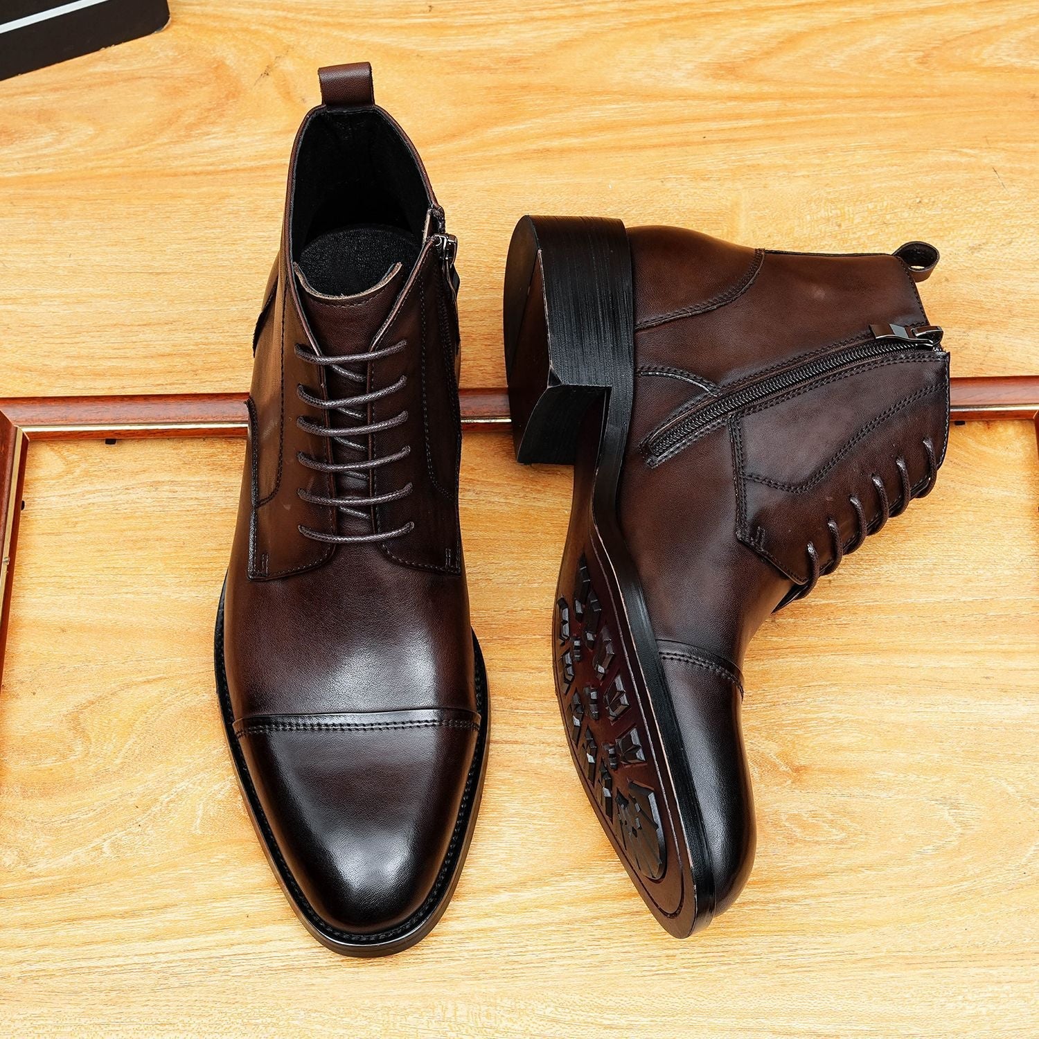 Deep Espresso Brown Leather Side-Zip Boots showing Decorative Lacing and Cap Toe