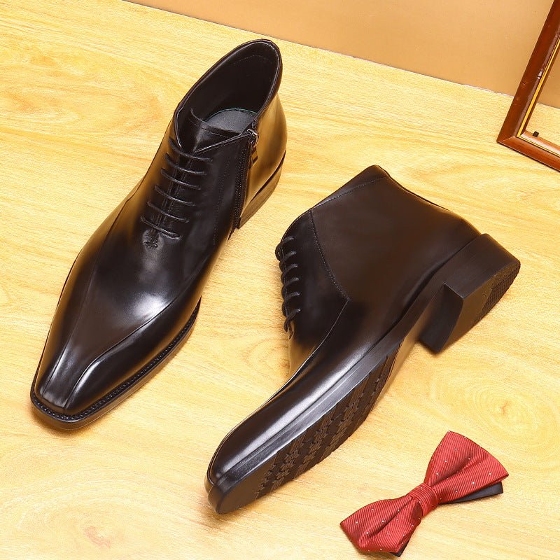 Men's Midnight Black Lace-Up Style Genuine Leather Dress Boots with Side Zipper