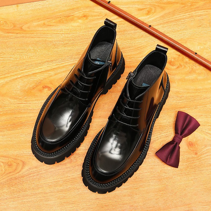 Men's Midnight Black Thick-Sole Genuine Leather Ankle Dress Boots with Side Zipper