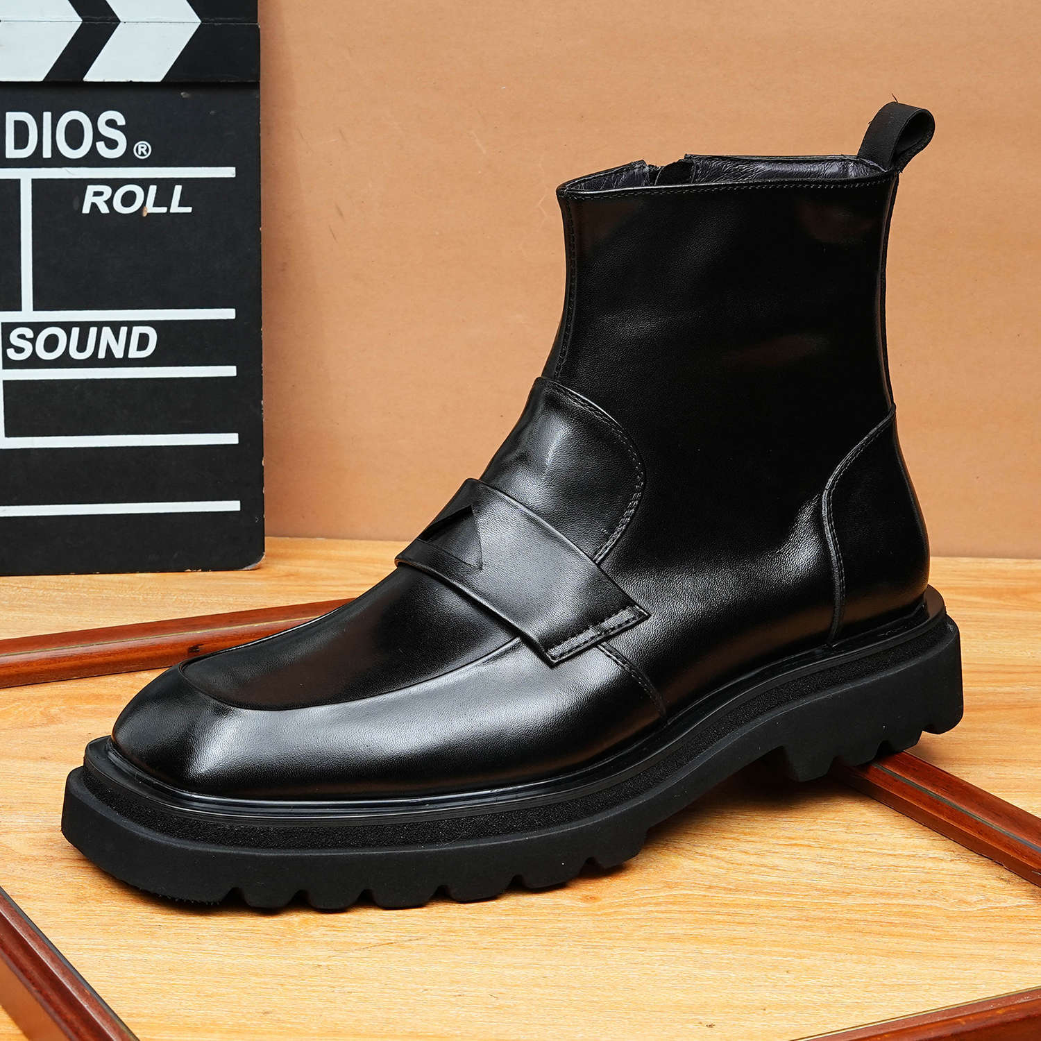 Black Men's Top-Zip Genuine Leather Ankle Dress Boots with Square Toe