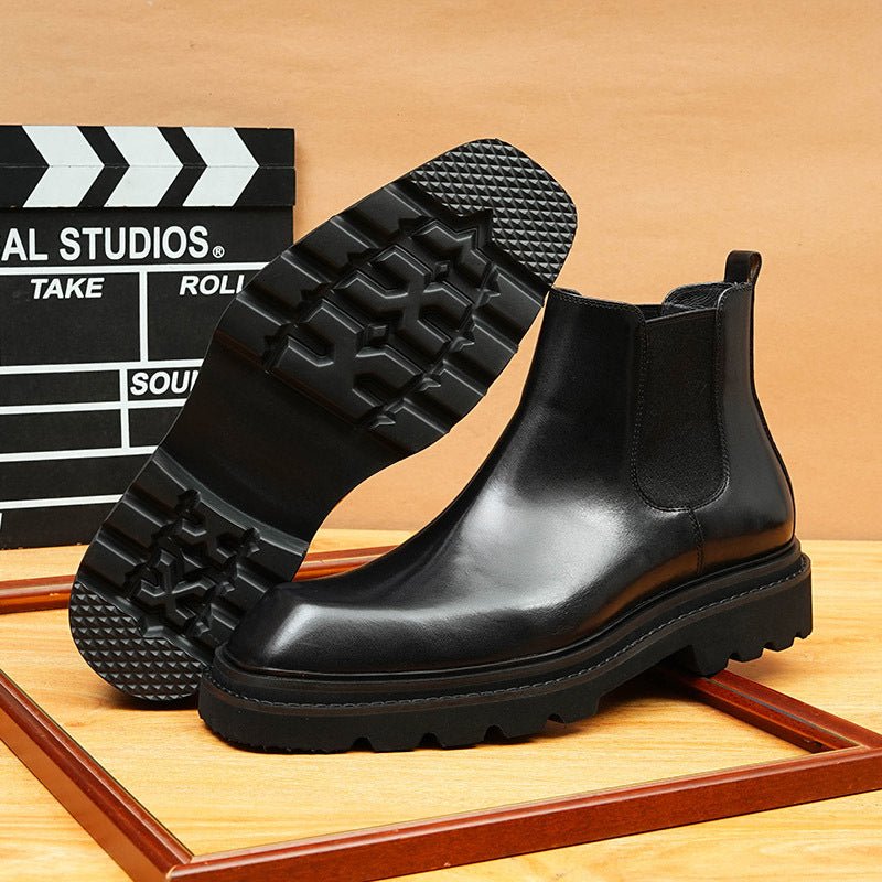 Men's Midnight Black Thick-Sole Genuine Leather Chelsea Ankle Business Boots