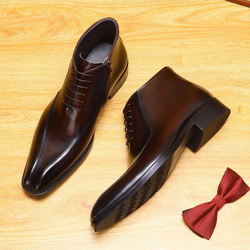 Deep Espresso Brown Leather Side-Zip Ankle Boots showing Decorative Lacing