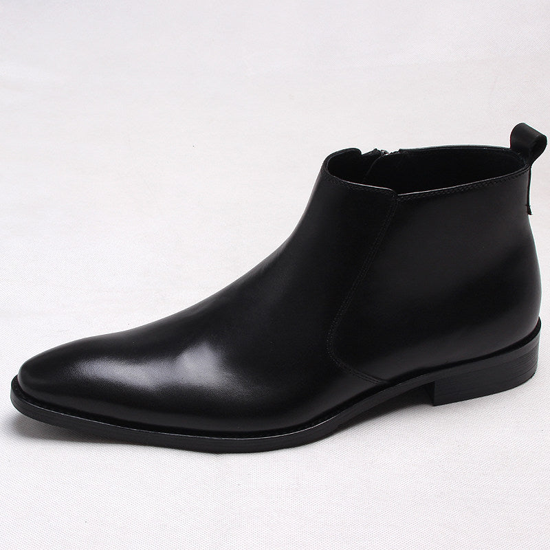 Men's black leather ankle boots with side zip and thick sole, formal dress style