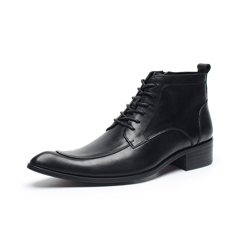 Black leather side-zip dress boot with lace-up front, thick sole and block heel, profile