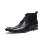 Black leather side-zip dress boot with lace-up front, thick sole and block heel, profile