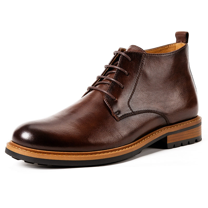 Men's brown leather lace-up chukka boots with plain toe, padded collar, tan outsole