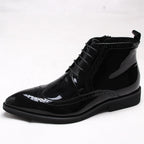 Black glossy ankle dress boot with side zip and lace-up front, thick sole