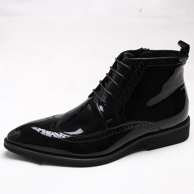 Black glossy ankle dress boot with side zip and lace-up front, thick sole