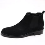 Men's black leather Chelsea dress boots, slip-on ankle height with elastic side panels