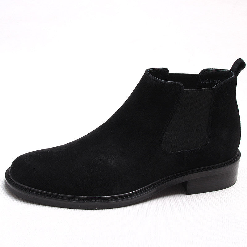 Men's black leather Chelsea dress boots, slip-on ankle height with elastic side panels