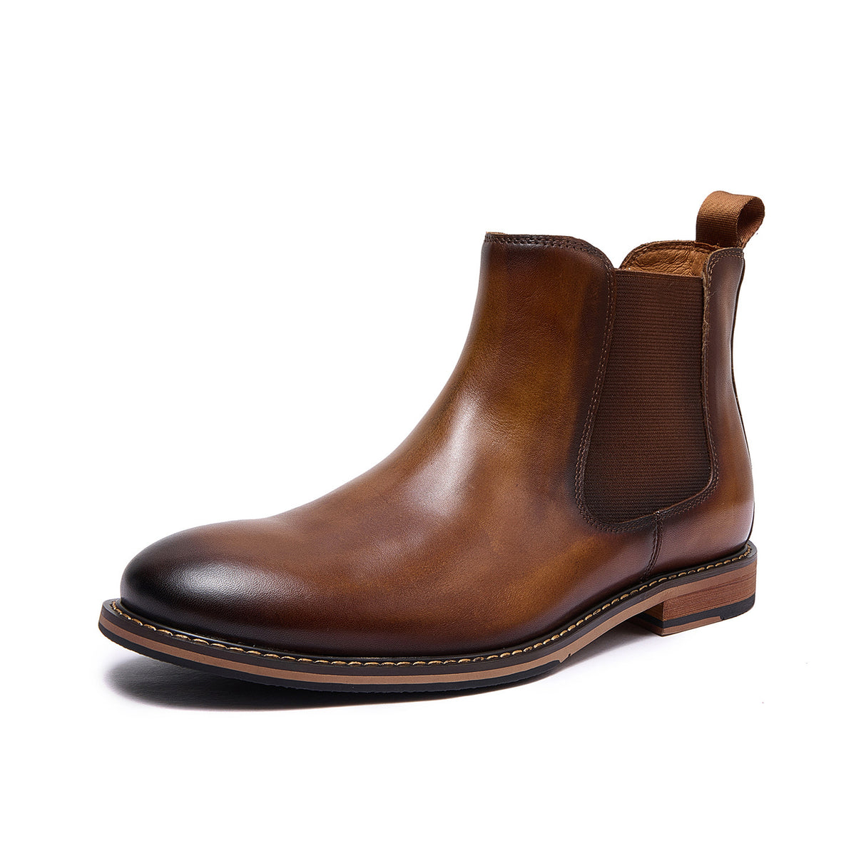 Pointed-toe Chelsea dress boots in brown with side elastic and contrast tan stitching