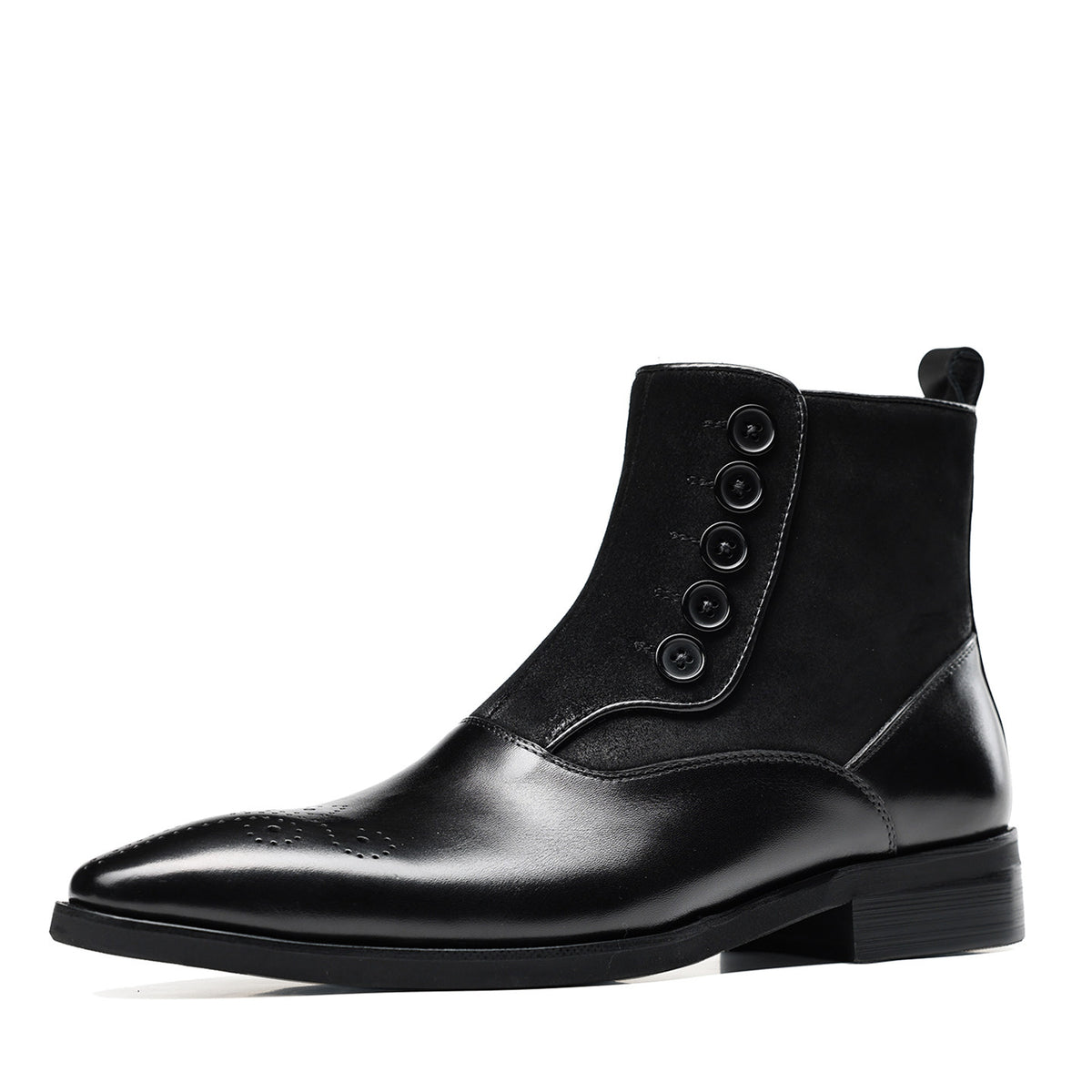 Black leather ankle dress boots with side zip and thick sole, lace-up style panel
