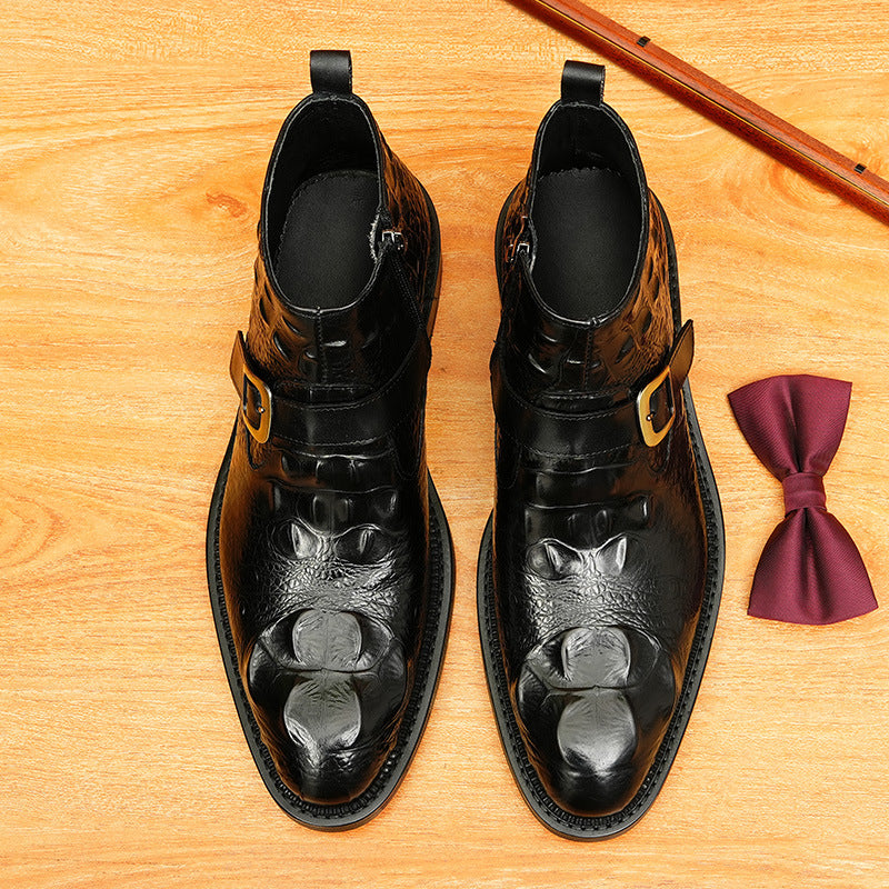 Men's Croc Embossed Buckle Leather Side-Zip Dress Boots