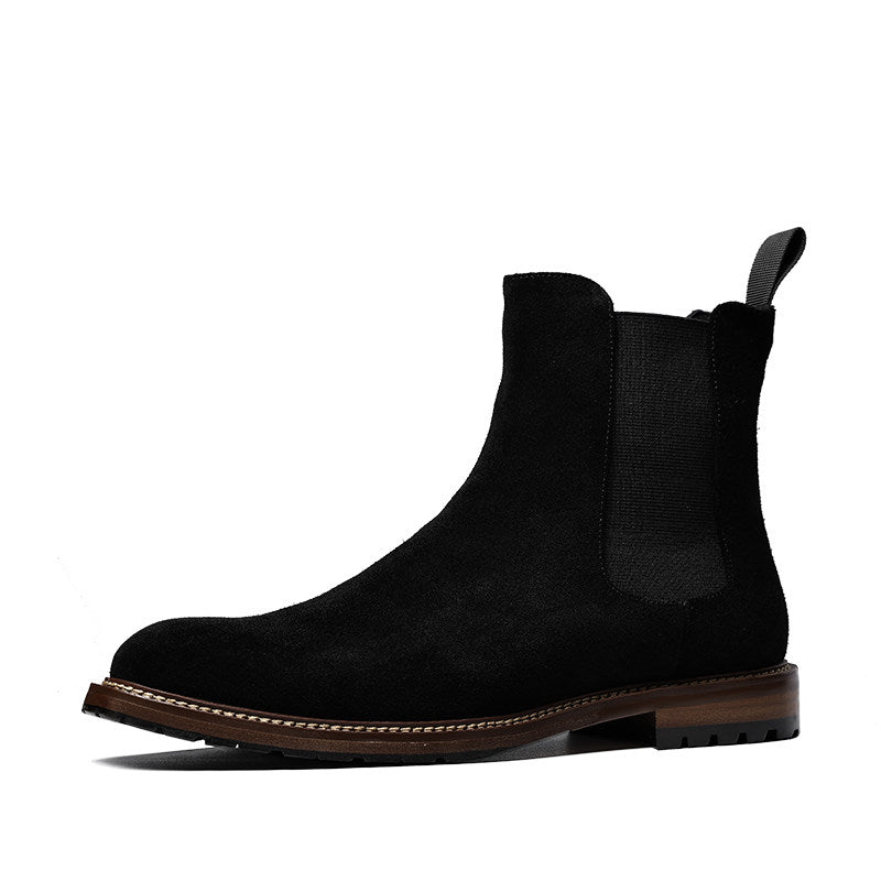 Black suede Chelsea dress boots with side elastic panels and rugged sole
