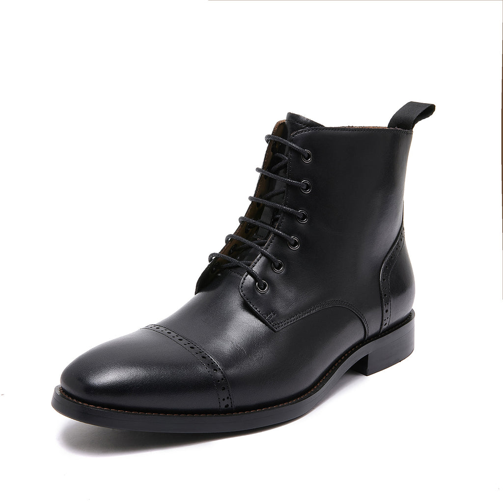 Men's pointed-cap-toe leather dress boots, black, lace-up ankle boots