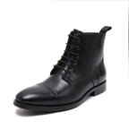 Men's pointed-cap-toe leather dress boots, black, lace-up ankle boots