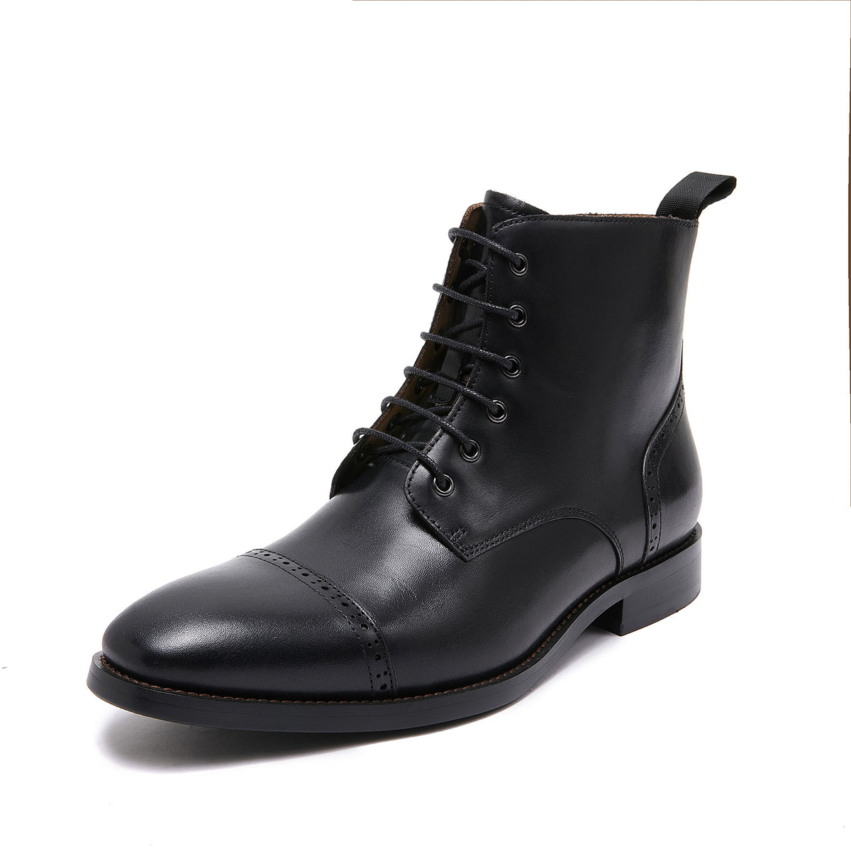Men's pointed-cap-toe leather dress boots, black, lace-up ankle boots