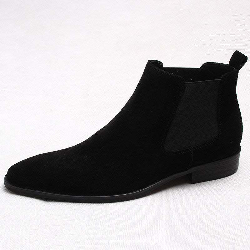 Black suede Chelsea dress boot with elastic side gore and low stacked heel
