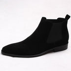 Black suede Chelsea dress boot with elastic side gore and low stacked heel