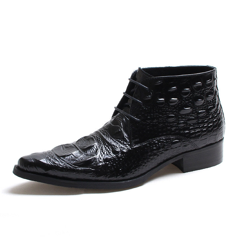 Men's black wingtip brogue lace-up dress boots with textured finish and low block heel