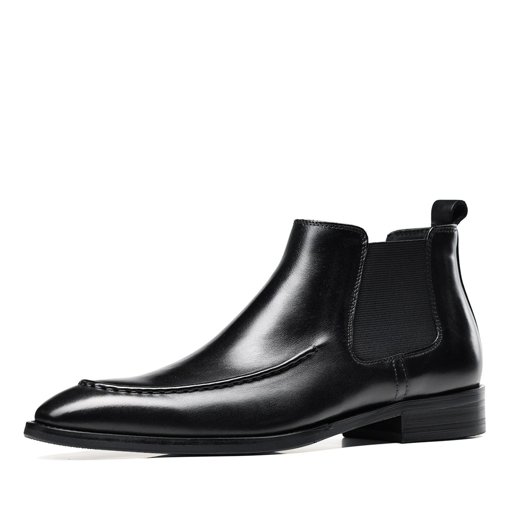Men's genuine leather Chelsea dress boots, black slip-on ankle style with elastic gore.