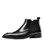 Men's genuine leather Chelsea dress boots, black slip-on ankle style with elastic gore.
